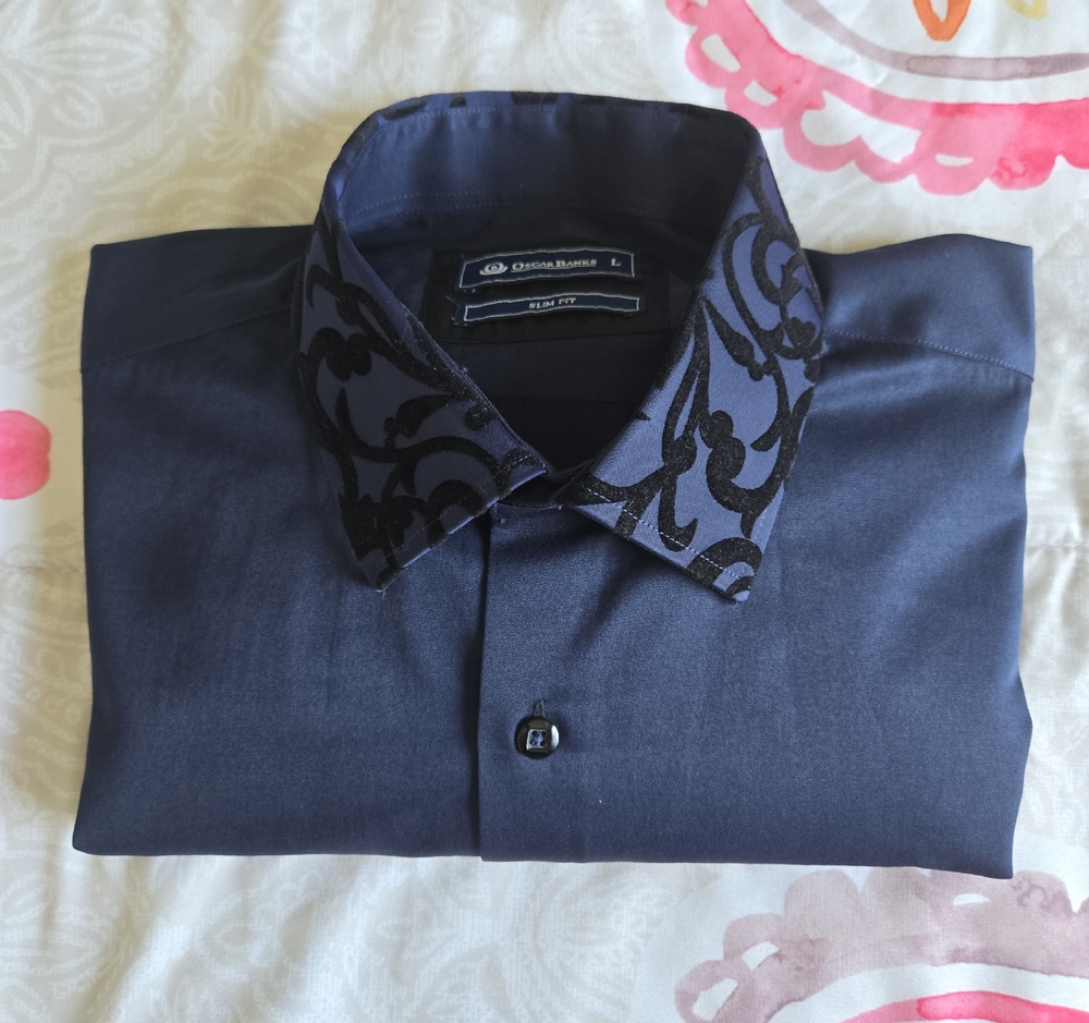 Classic Blue Dress Shirt with Patterned Collar - Slim Fit